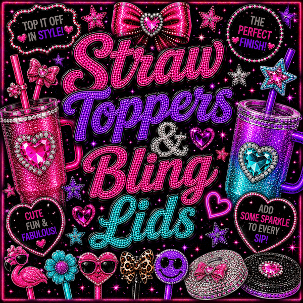 Glitter straw toppers and rhinestone bling lids